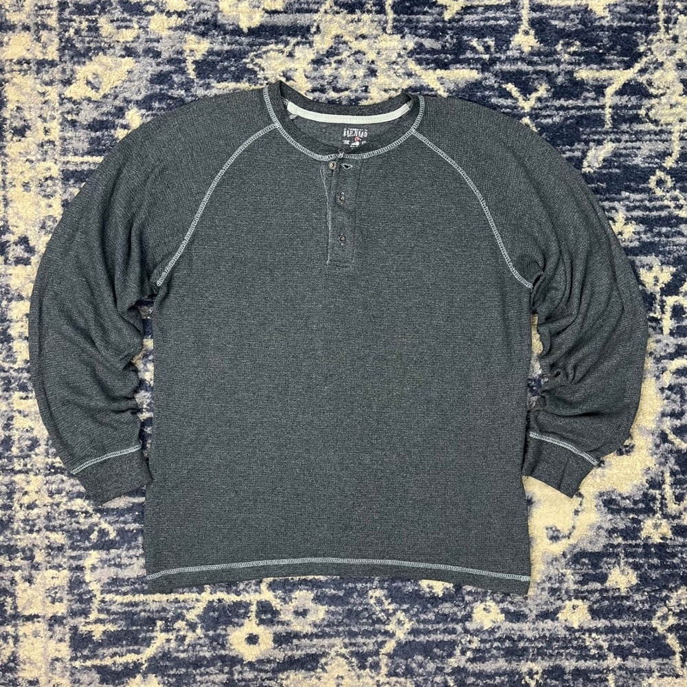 RedHead Mens Long Sleeve Henley Shirt Gray Heather Waffle Knit Raglan Large